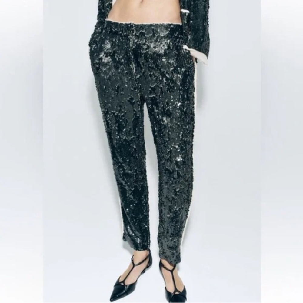 Party Pants - New Zara Hunter Green Sequin Pants ZW Collection Size Medium